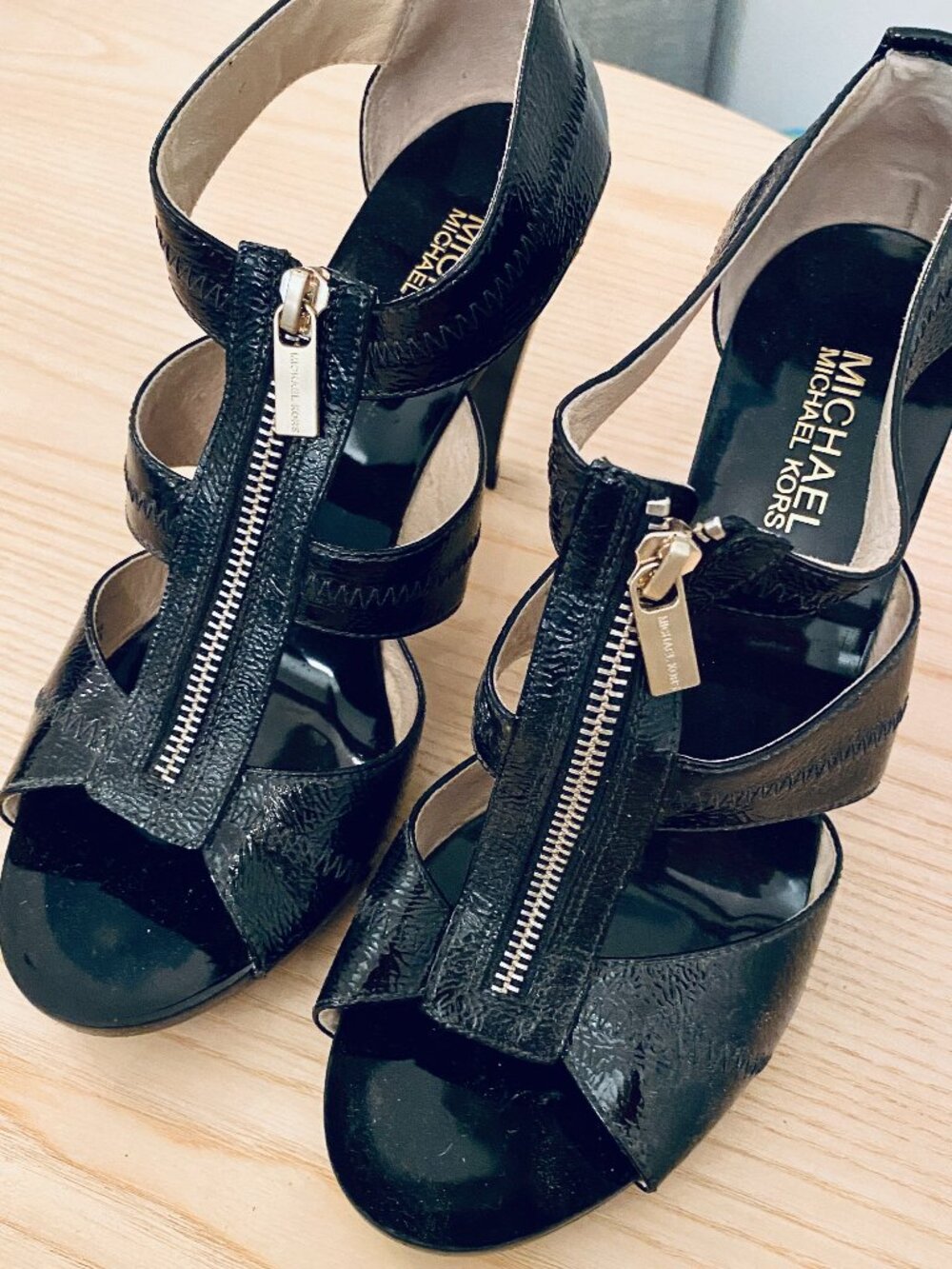Michael Kors Black Patent Leather Heels with Gold Zipper; size 9